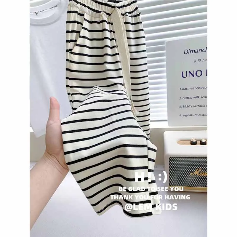 Baby Sets Girls Letters Short Sleeve Top Striped Wide Leg Pants 2 Pieces Summer New Children's Casual Fashion Suit 12M-8 Years