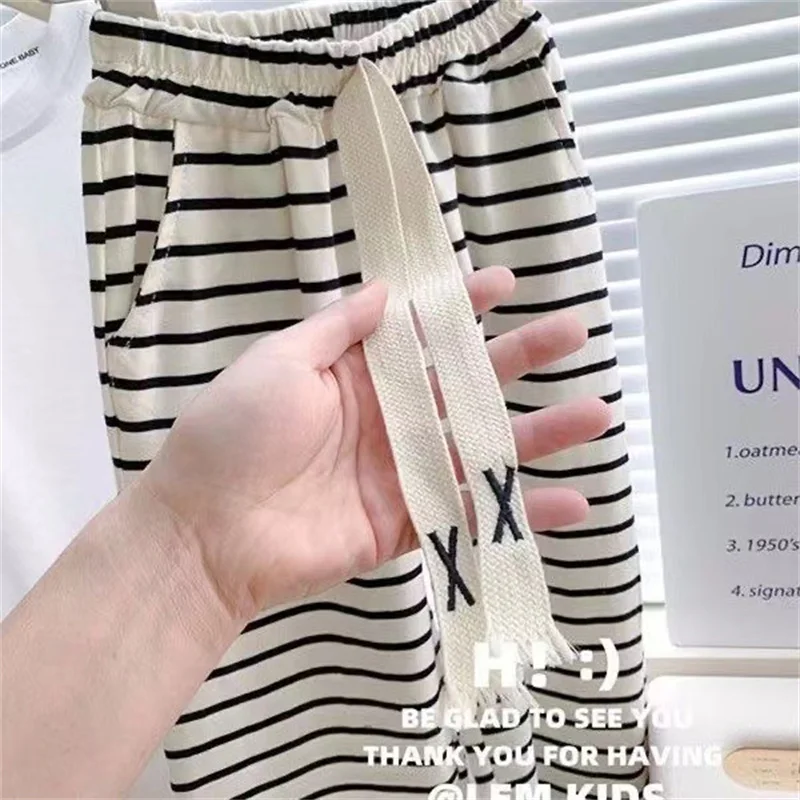 Baby Sets Girls Letters Short Sleeve Top Striped Wide Leg Pants 2 Pieces Summer New Children's Casual Fashion Suit 12M-8 Years