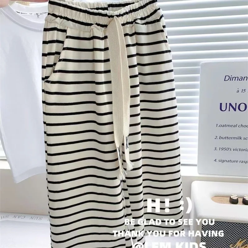 Baby Sets Girls Letters Short Sleeve Top Striped Wide Leg Pants 2 Pieces Summer New Children's Casual Fashion Suit 12M-8 Years