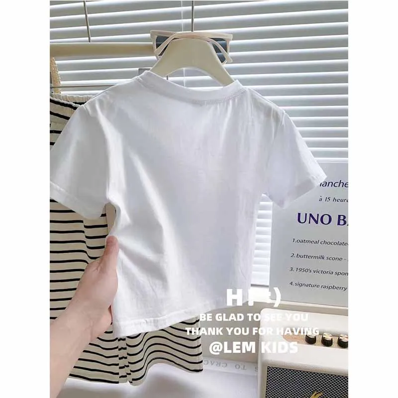 Baby Sets Girls Letters Short Sleeve Top Striped Wide Leg Pants 2 Pieces Summer New Children's Casual Fashion Suit 12M-8 Years