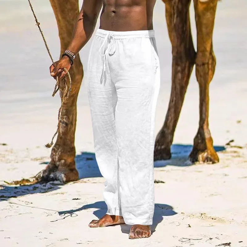 Men's Cotton Linen Pants Casual Loose Straight Pants Lightweight Drawstring Beach Trousers Mens Trousers