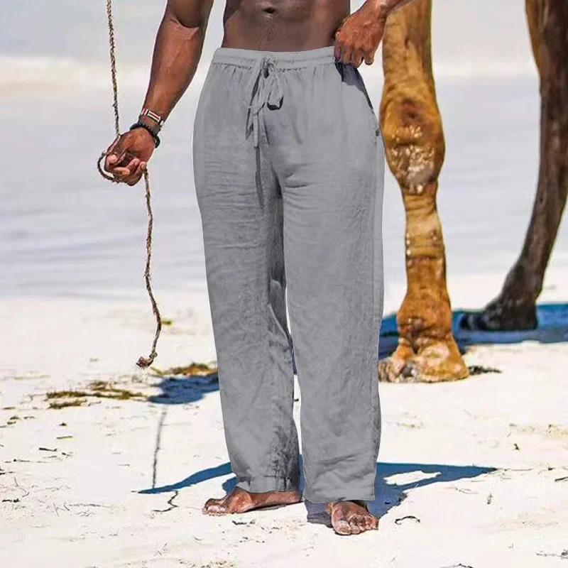 Men's Cotton Linen Pants Casual Loose Straight Pants Lightweight Drawstring Beach Trousers Mens Trousers