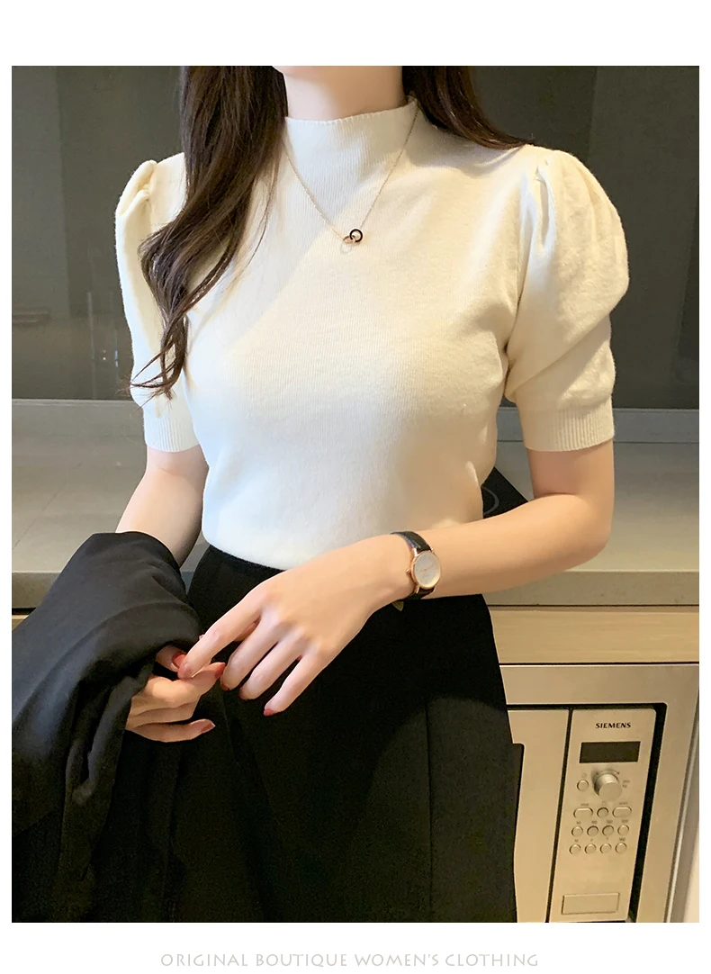 Blusas Mujer De Moda 2023 Verano Short Sleeve White Knitted Sweater Women Pullovers Women Tops Knit Women Sweater Sweaters G03