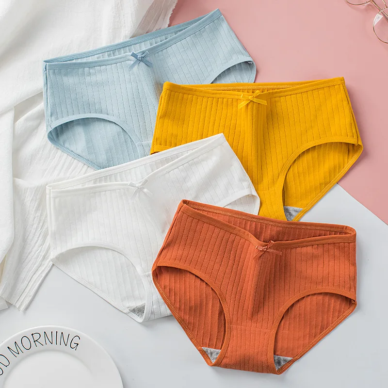 7Pcs/Set Women Cotton Ribbed Panties Mid-Rise Briefs with Bow Detail Comfort Breathable Underwear Sexy Lingerie Intimates M-XL