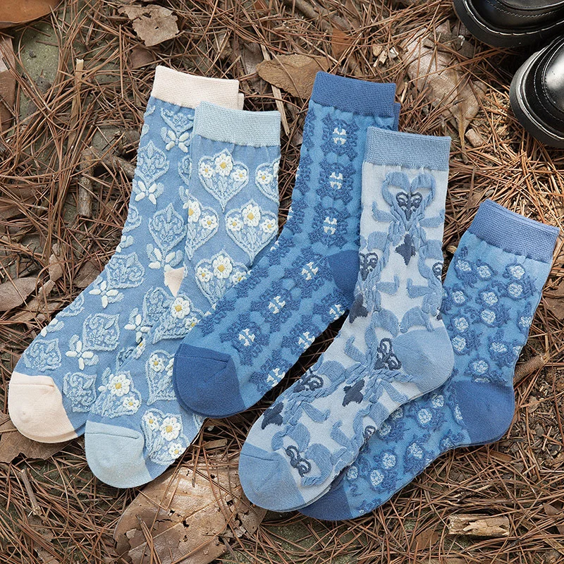 5 Pairs of Retro Textured Palace Style Women's Socks With Fashionable Three-Dimensional Relief Soft and Comfortable Casual Socks