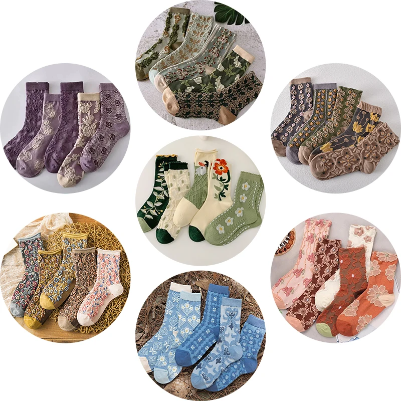 5 Pairs of Retro Textured Palace Style Women's Socks With Fashionable Three-Dimensional Relief Soft and Comfortable Casual Socks
