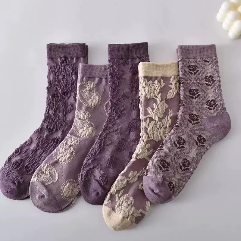 5 Pairs of Retro Textured Palace Style Women's Socks With Fashionable Three-Dimensional Relief Soft and Comfortable Casual Socks