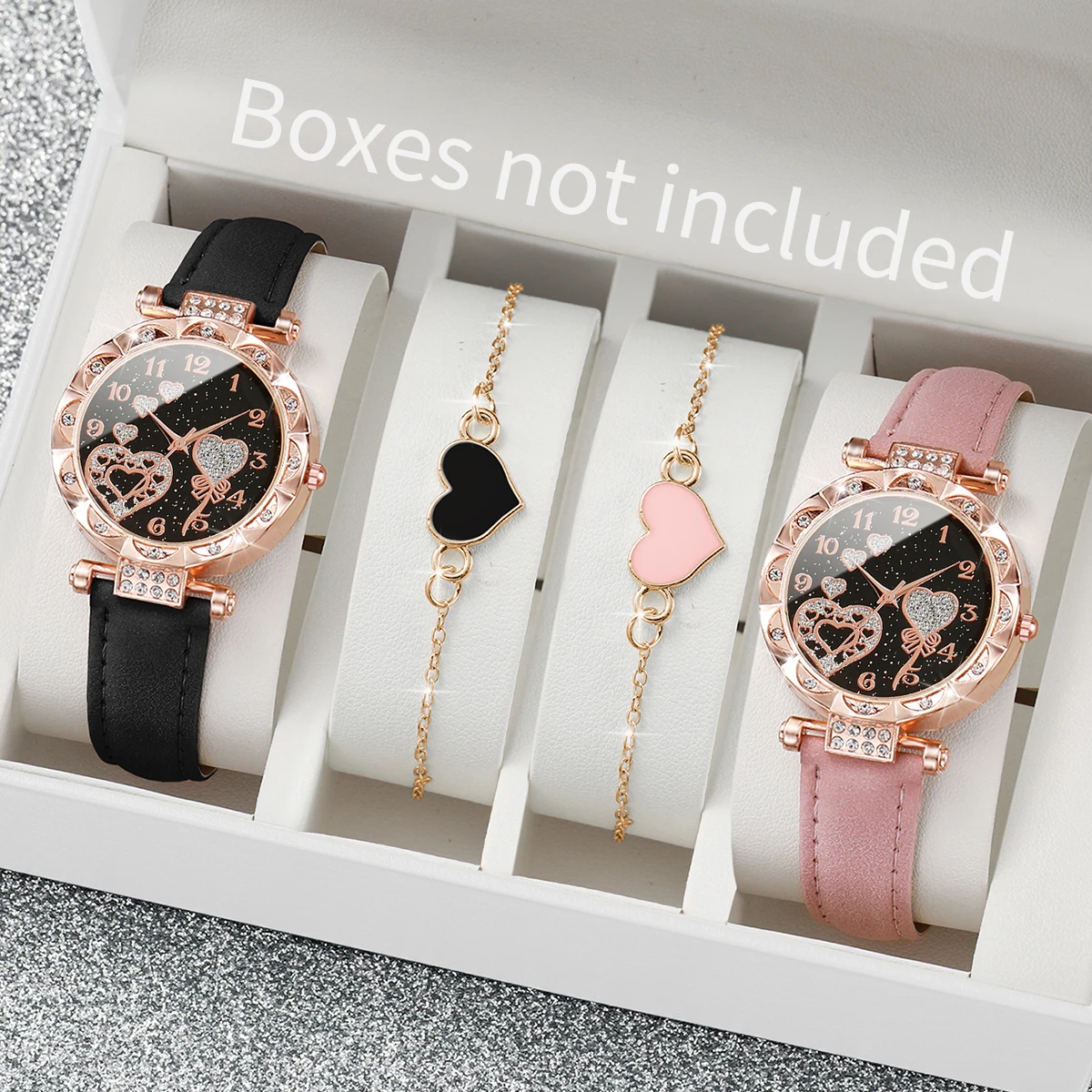 4PCS/Set Women's Watches Fashion Rhinestone Ladies Quartz Watch Leather Band Wristwatches Bracelets Set(Without Box)