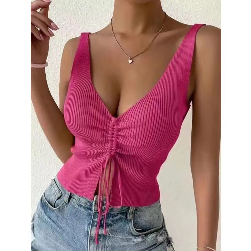 New Summer Women Drawstring Front Ribbed Knit Tops Femme Sexy V Neck Sleeveless Crop Top Clothes High Stretch Split Cropped Tank