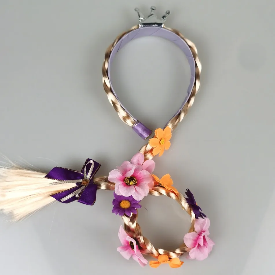 Cute Girls Flower Weaving Braid Headband Princess Dress Up Artificial Wig Kids Birthday Halloween Rapunzel Cosplay Headwear