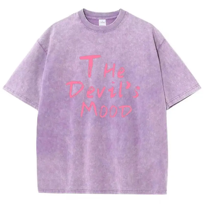 Fashion Womans Cotton Washed T-shirts The Devil's Moon Letter Prints Tops Casual O-Neck Oversize Tees Street Female Clothes