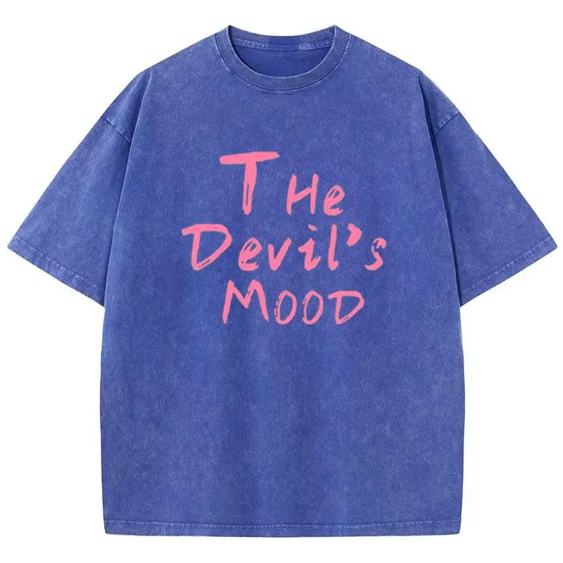 Fashion Womans Cotton Washed T-shirts The Devil's Moon Letter Prints Tops Casual O-Neck Oversize Tees Street Female Clothes