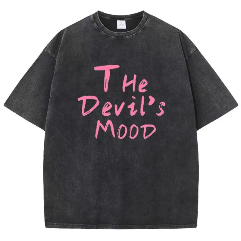Fashion Womans Cotton Washed T-shirts The Devil's Moon Letter Prints Tops Casual O-Neck Oversize Tees Street Female Clothes