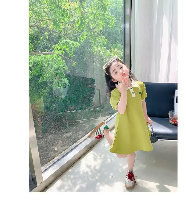2024 New Children's Summer Dress Girl's Korean Edition Love Bubble Sleeves Flip Collar Dress 1-12 Year Old Princess Dress