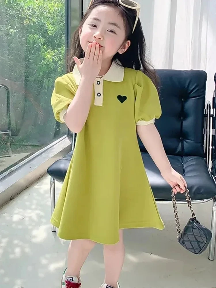 2024 New Children's Summer Dress Girl's Korean Edition Love Bubble Sleeves Flip Collar Dress 1-12 Year Old Princess Dress