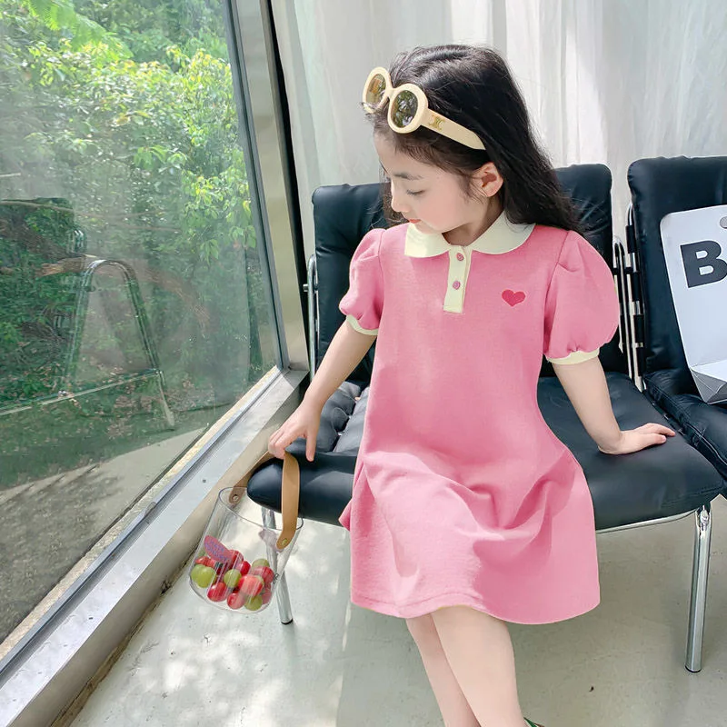 2024 New Children's Summer Dress Girl's Korean Edition Love Bubble Sleeves Flip Collar Dress 1-12 Year Old Princess Dress