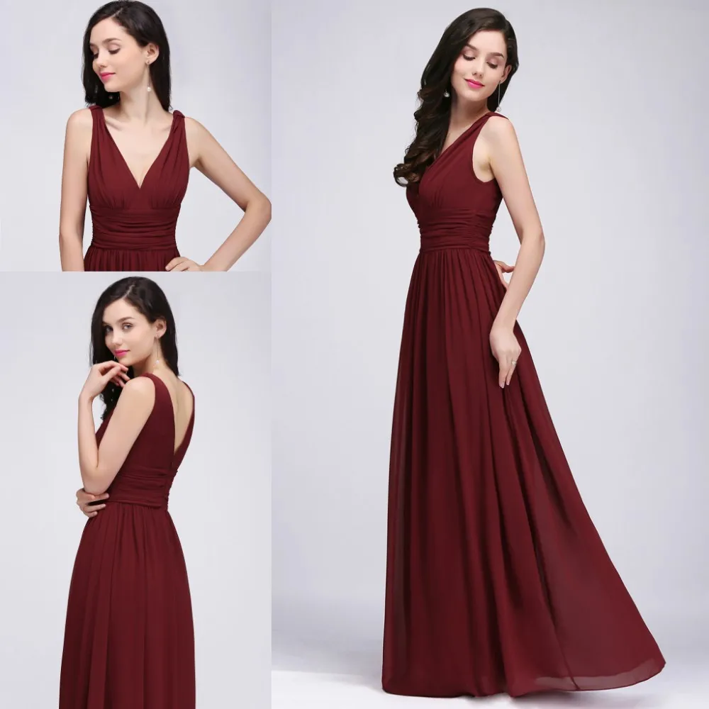 Elegant Burgundy V Neck Long Evening Dresses Summer Sleeveless Chiffon Ruched Formal Wedding Party Prom Gowns Vestido De Fiesta