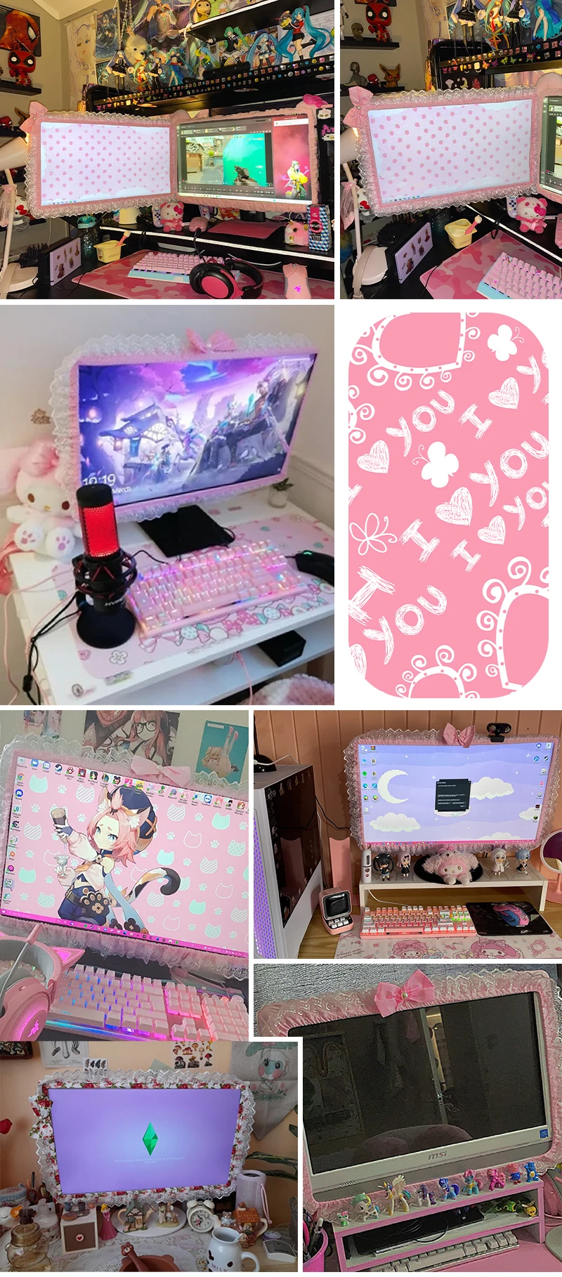 Lace Fabric Computer Frame Cover Monitor Screen Dust Cover With Elastic Pen Pocket Bow Home Decorations