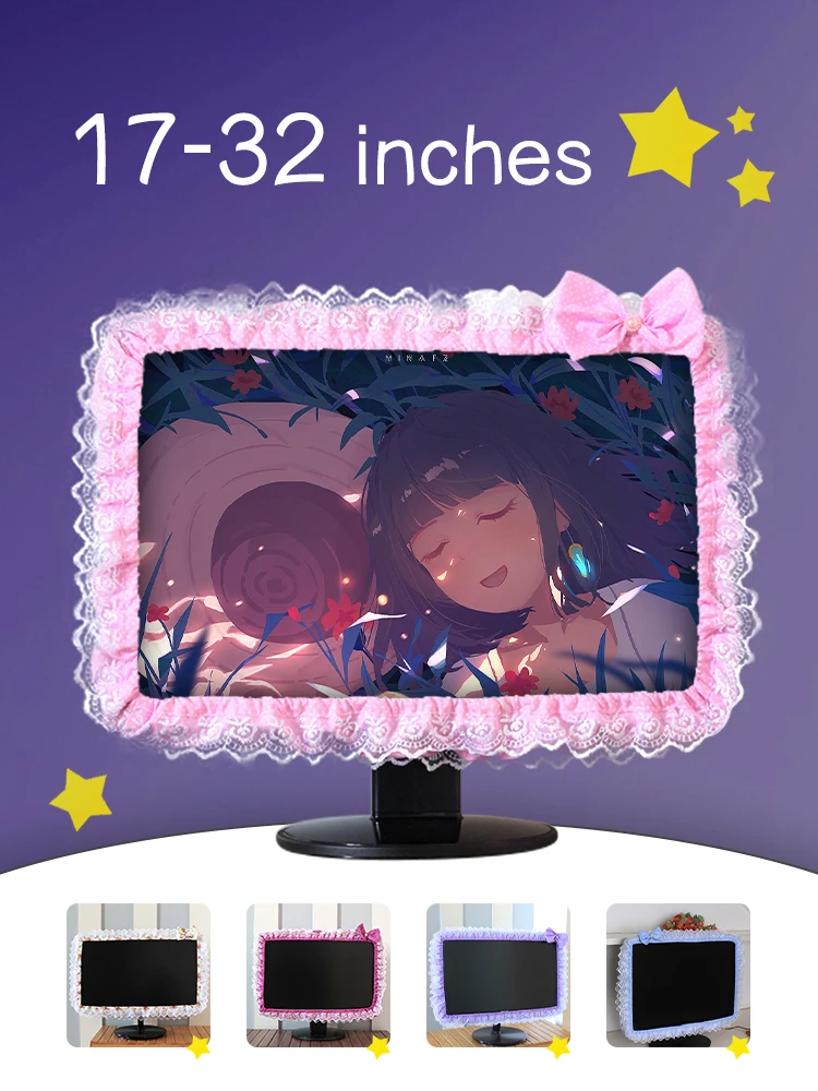 Lace Fabric Computer Frame Cover Monitor Screen Dust Cover With Elastic Pen Pocket Bow Home Decorations