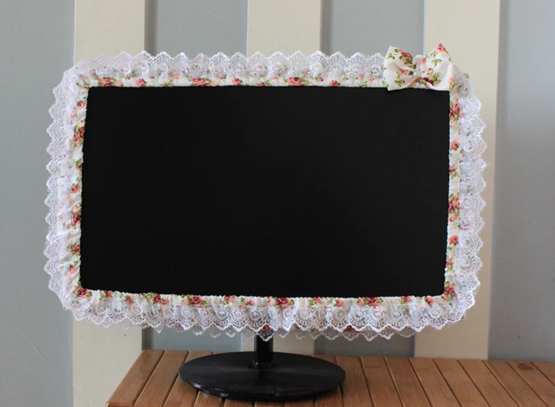 Lace Fabric Computer Frame Cover Monitor Screen Dust Cover With Elastic Pen Pocket Bow Home Decorations