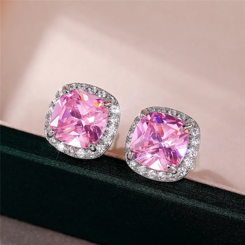 Huitan Classic Cushion Shape Stud Earrings with Brilliant Cubic Zirconia Stone Wedding Engagement Party Luxury Jewelry for Women