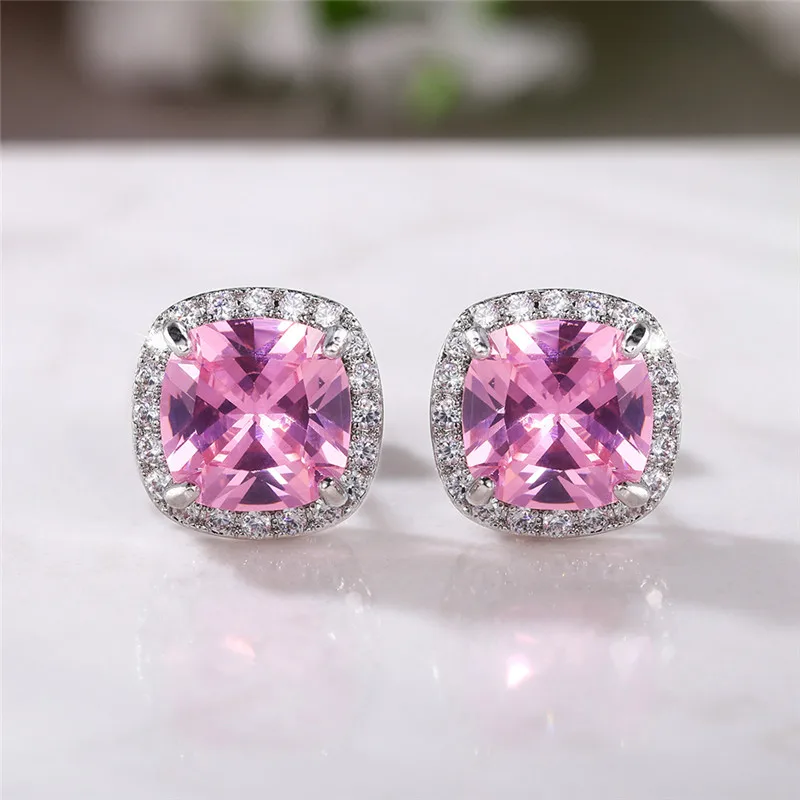 Huitan Classic Cushion Shape Stud Earrings with Brilliant Cubic Zirconia Stone Wedding Engagement Party Luxury Jewelry for Women
