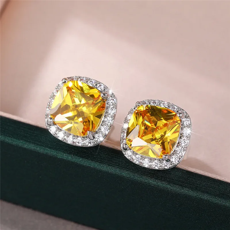 Huitan Classic Cushion Shape Stud Earrings with Brilliant Cubic Zirconia Stone Wedding Engagement Party Luxury Jewelry for Women