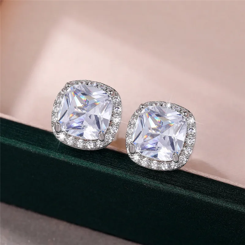 Huitan Classic Cushion Shape Stud Earrings with Brilliant Cubic Zirconia Stone Wedding Engagement Party Luxury Jewelry for Women