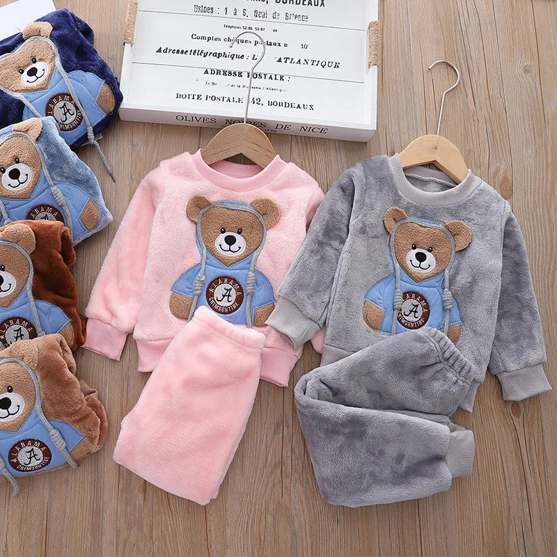 Baby Boy Winter Sets Plush Hooded Jacket 2pcs Children's Casual Outfit Suits Kids Arctic Velvet Tracksuit Toddler Girl Clothing