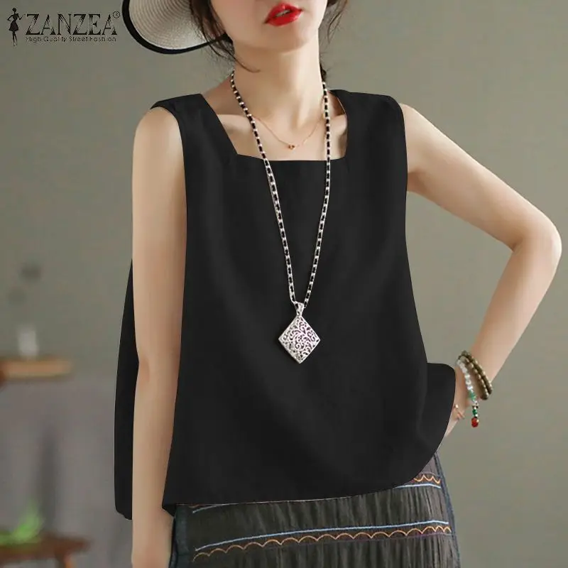 ZANZEA Summer Tanks Tops Women Square Neck Sleeveless Blouse Elegant Cotton Shirt Casual Solid Holiday Beach Blusas Female Tunic