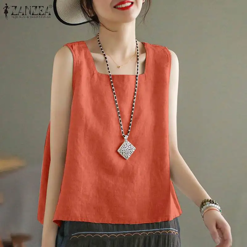 ZANZEA Summer Tanks Tops Women Square Neck Sleeveless Blouse Elegant Cotton Shirt Casual Solid Holiday Beach Blusas Female Tunic