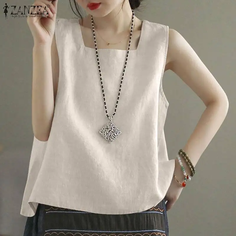 ZANZEA Summer Tanks Tops Women Square Neck Sleeveless Blouse Elegant Cotton Shirt Casual Solid Holiday Beach Blusas Female Tunic
