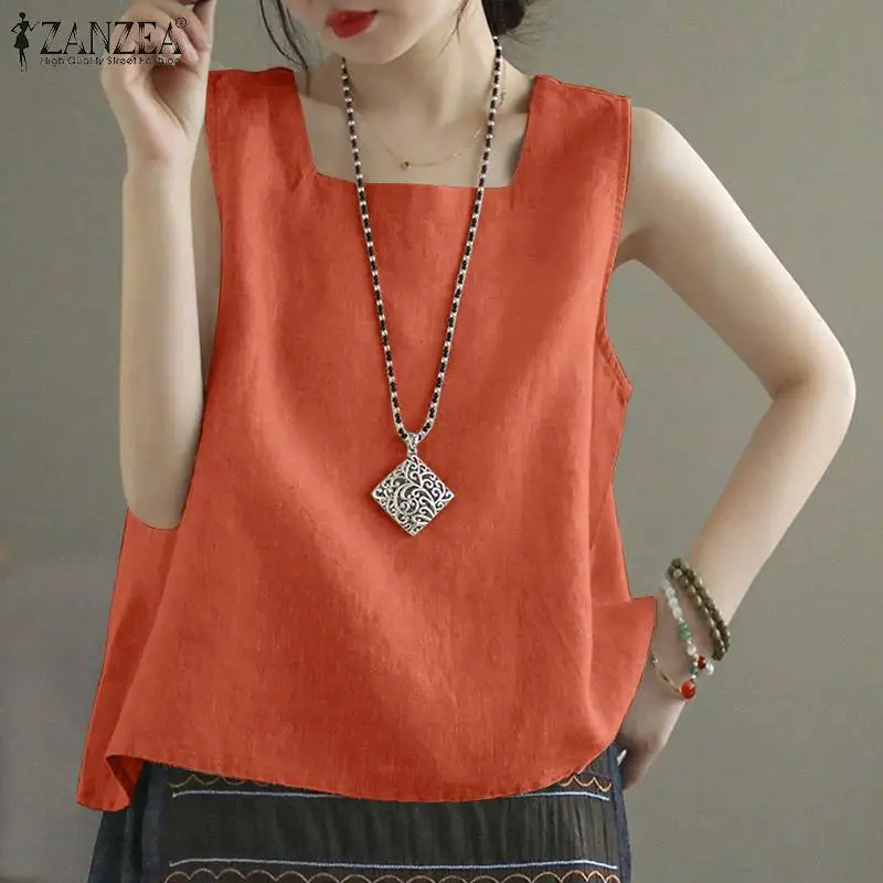 ZANZEA Summer Tanks Tops Women Square Neck Sleeveless Blouse Elegant Cotton Shirt Casual Solid Holiday Beach Blusas Female Tunic
