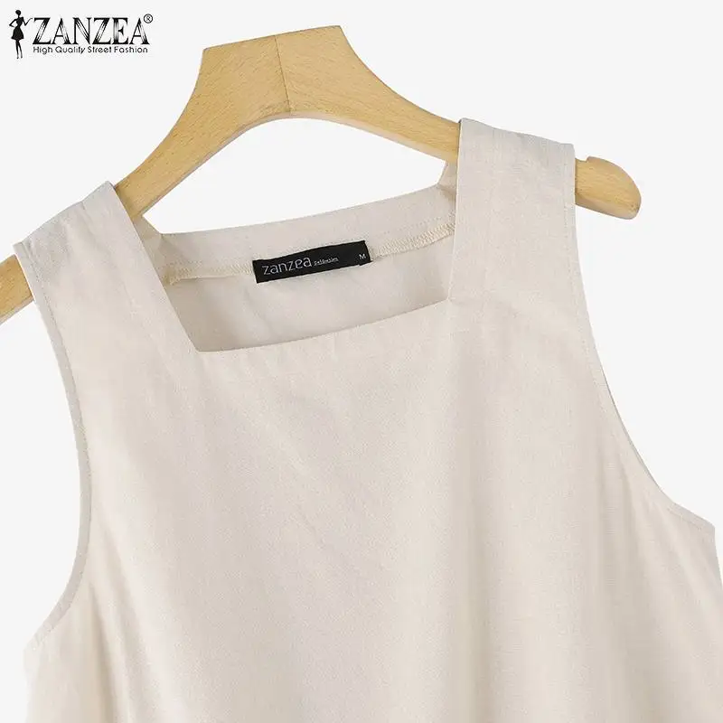 ZANZEA Summer Tanks Tops Women Square Neck Sleeveless Blouse Elegant Cotton Shirt Casual Solid Holiday Beach Blusas Female Tunic