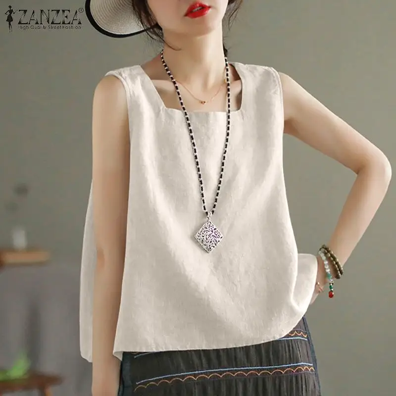 ZANZEA Summer Tanks Tops Women Square Neck Sleeveless Blouse Elegant Cotton Shirt Casual Solid Holiday Beach Blusas Female Tunic