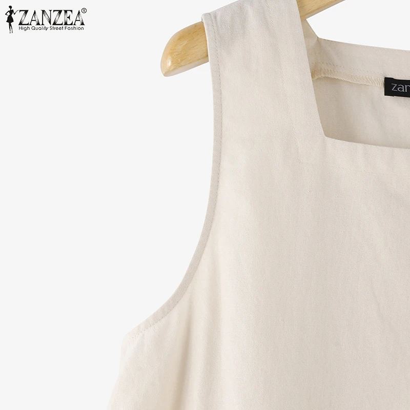 ZANZEA Summer Tanks Tops Women Square Neck Sleeveless Blouse Elegant Cotton Shirt Casual Solid Holiday Beach Blusas Female Tunic