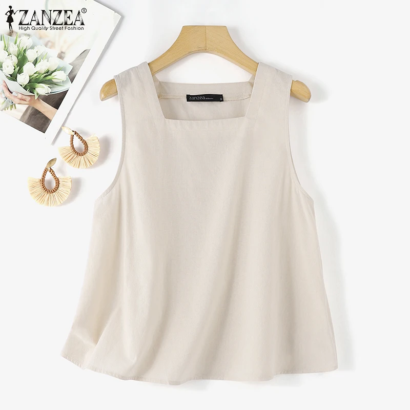ZANZEA Summer Tanks Tops Women Square Neck Sleeveless Blouse Elegant Cotton Shirt Casual Solid Holiday Beach Blusas Female Tunic