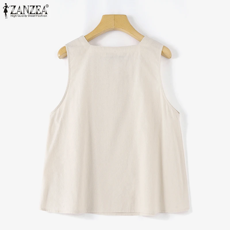 ZANZEA Summer Tanks Tops Women Square Neck Sleeveless Blouse Elegant Cotton Shirt Casual Solid Holiday Beach Blusas Female Tunic