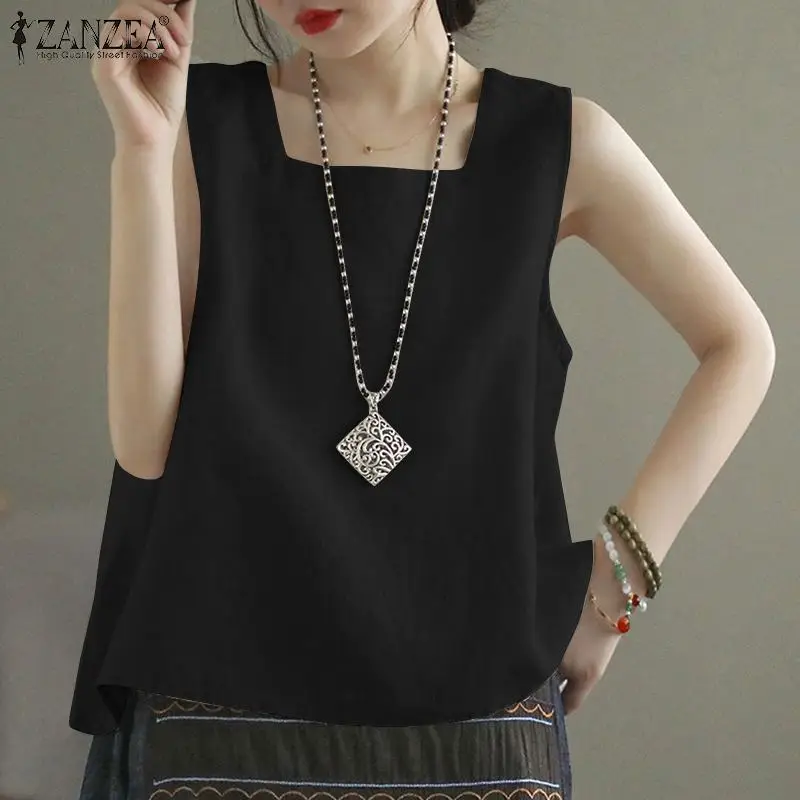 ZANZEA Summer Tanks Tops Women Square Neck Sleeveless Blouse Elegant Cotton Shirt Casual Solid Holiday Beach Blusas Female Tunic