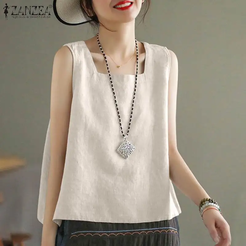 ZANZEA Summer Tanks Tops Women Square Neck Sleeveless Blouse Elegant Cotton Shirt Casual Solid Holiday Beach Blusas Female Tunic