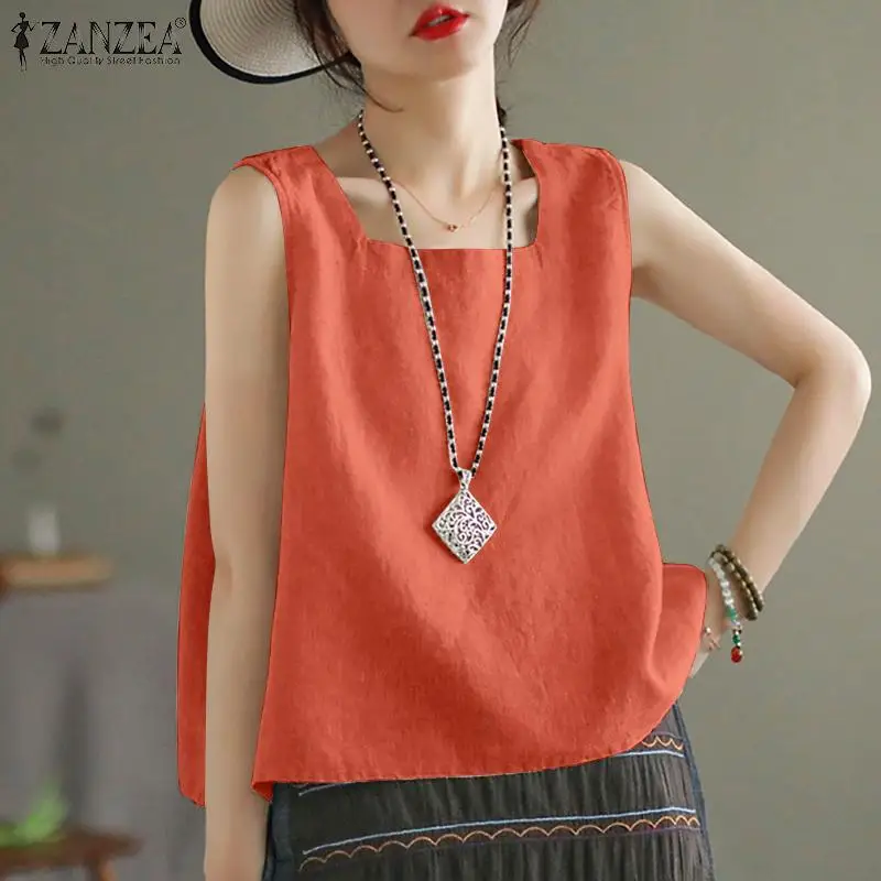 ZANZEA Summer Tanks Tops Women Square Neck Sleeveless Blouse Elegant Cotton Shirt Casual Solid Holiday Beach Blusas Female Tunic