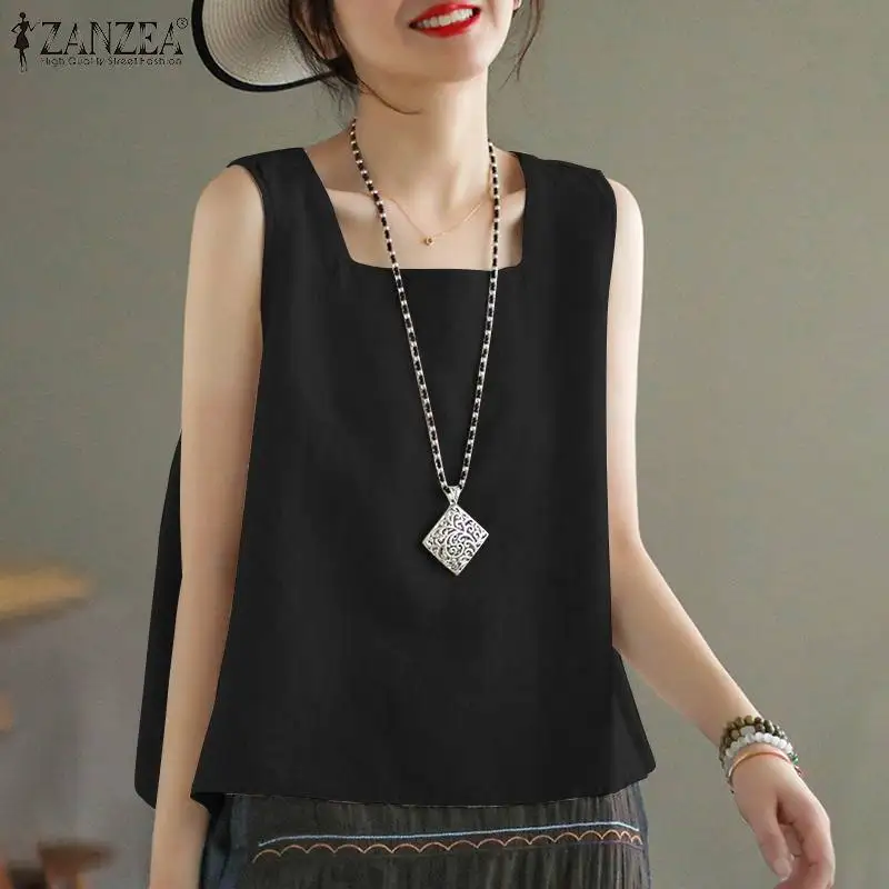 ZANZEA Summer Tanks Tops Women Square Neck Sleeveless Blouse Elegant Cotton Shirt Casual Solid Holiday Beach Blusas Female Tunic