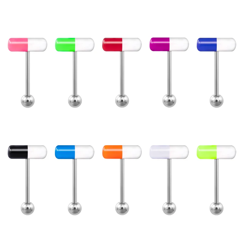 1pc Capsule Tongue Ring Acrylic Pill Tongue Piercing Stud Barbell Surgical Steel Bar Colorful Punk Women Men Body Jewelry 14G