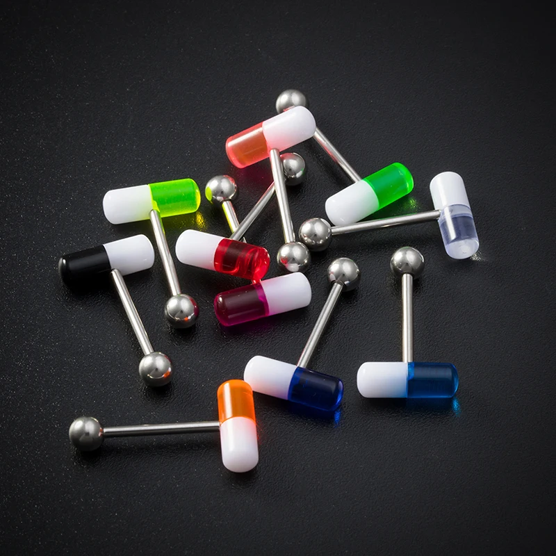 1pc Capsule Tongue Ring Acrylic Pill Tongue Piercing Stud Barbell Surgical Steel Bar Colorful Punk Women Men Body Jewelry 14G