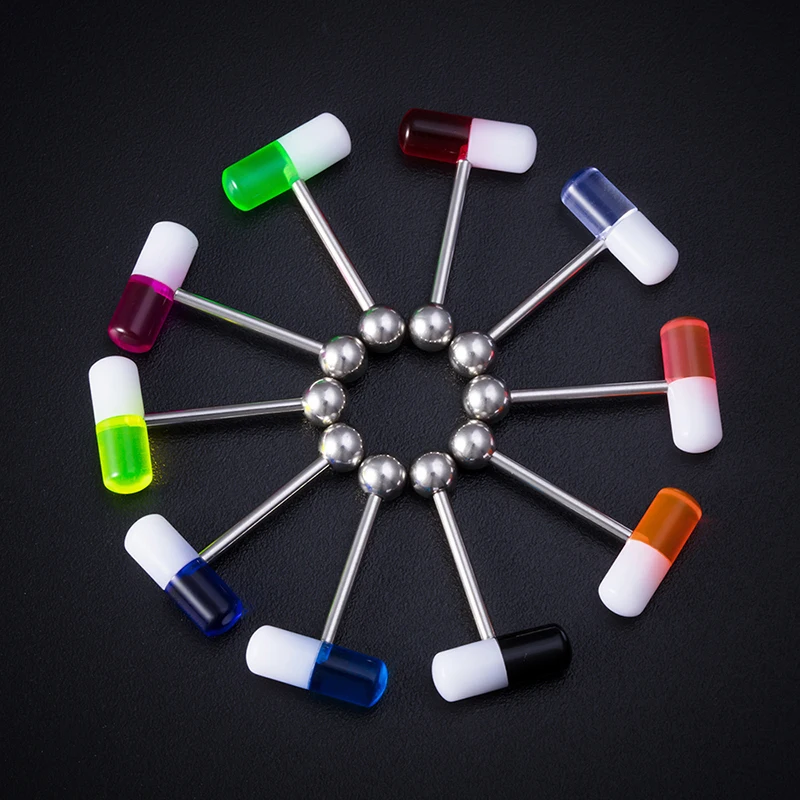 1pc Capsule Tongue Ring Acrylic Pill Tongue Piercing Stud Barbell Surgical Steel Bar Colorful Punk Women Men Body Jewelry 14G