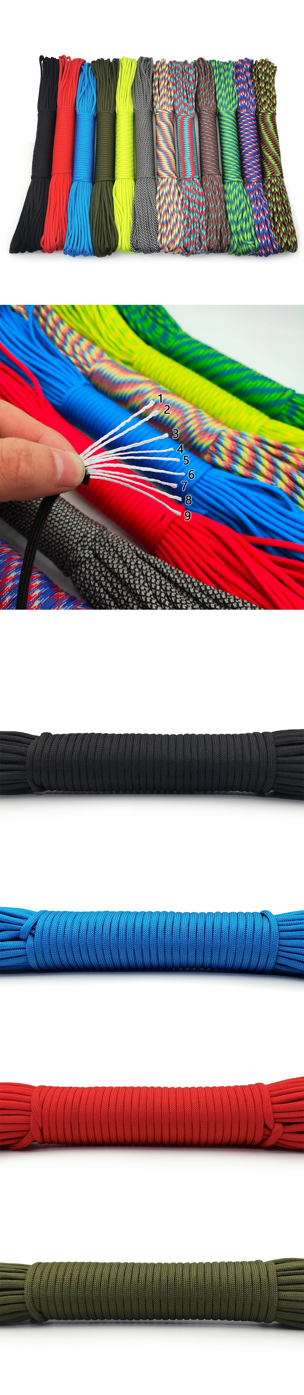 High Quality 31 Meters 100FT Paracord 550 Rope Type III 9 Stand Paracord Cord Rope Survival Kit Wholesale For Hiking Camping