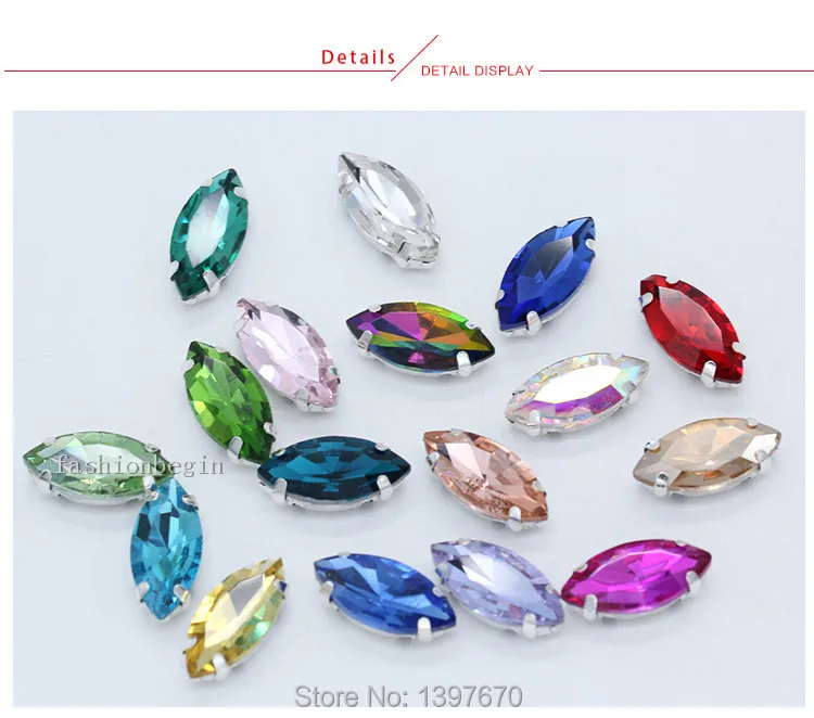 All size 24-colors Navette crystal glass Flatback sew on rhinestone stones montees silver claw button for jewelry DIY Garment