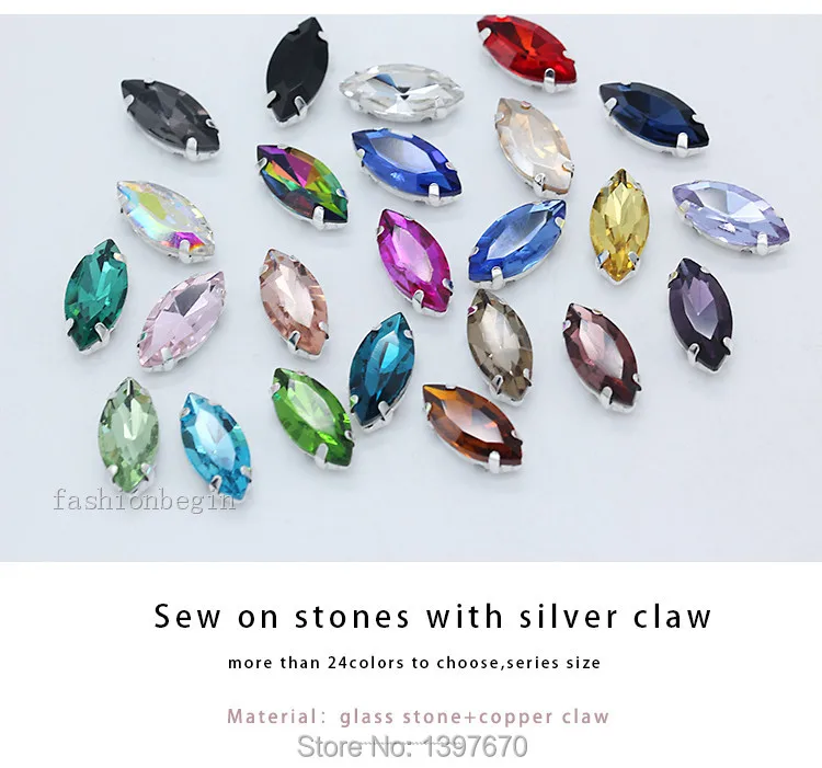 All size 24-colors Navette crystal glass Flatback sew on rhinestone stones montees silver claw button for jewelry DIY Garment