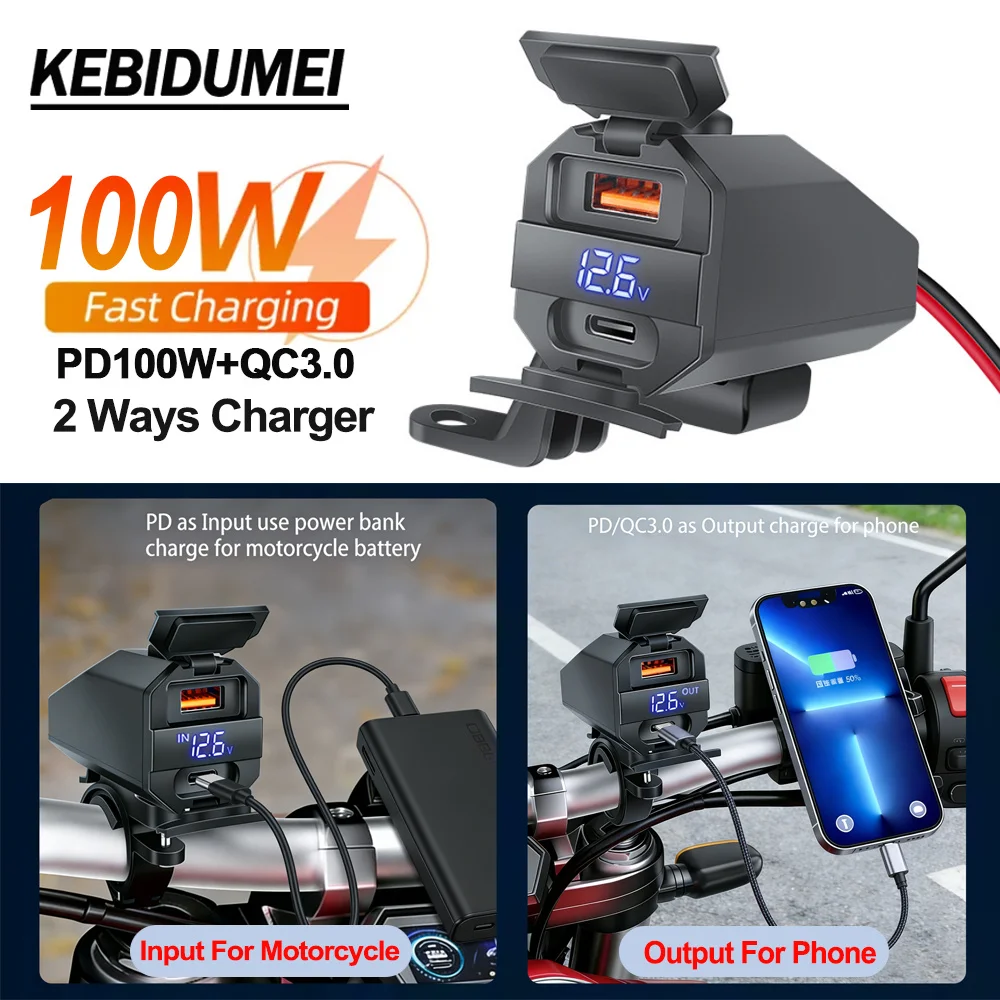 6.8A PD+QC3.0 Motorcycle Phone Charger Handlebar Dual USB Socket 60W Waterproof 12V Power Supply Adapter with Switch Voltmeter