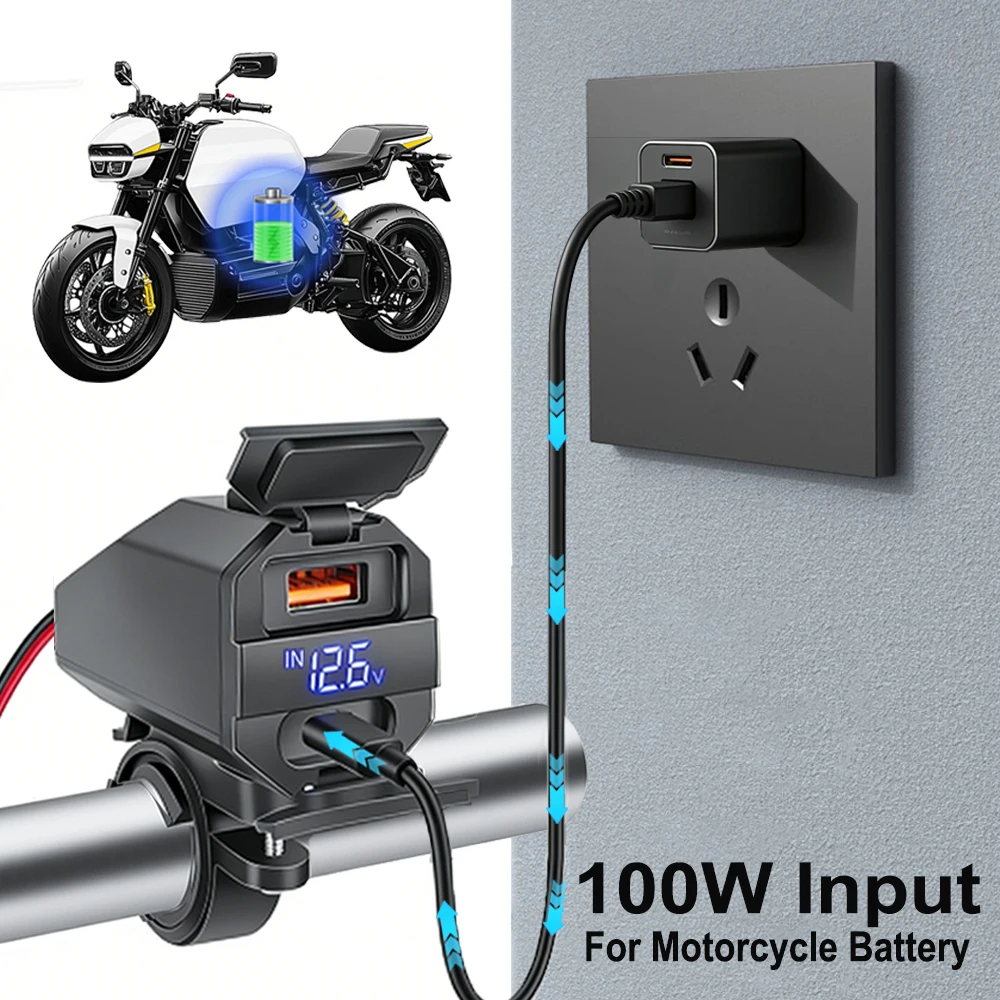 6.8A PD+QC3.0 Motorcycle Phone Charger Handlebar Dual USB Socket 60W Waterproof 12V Power Supply Adapter with Switch Voltmeter